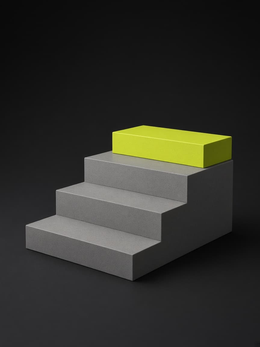Drie grijze betonnen treden met bovenop een limoengroen blok, als symbool voor de eerste plek in een AI-antwoord.